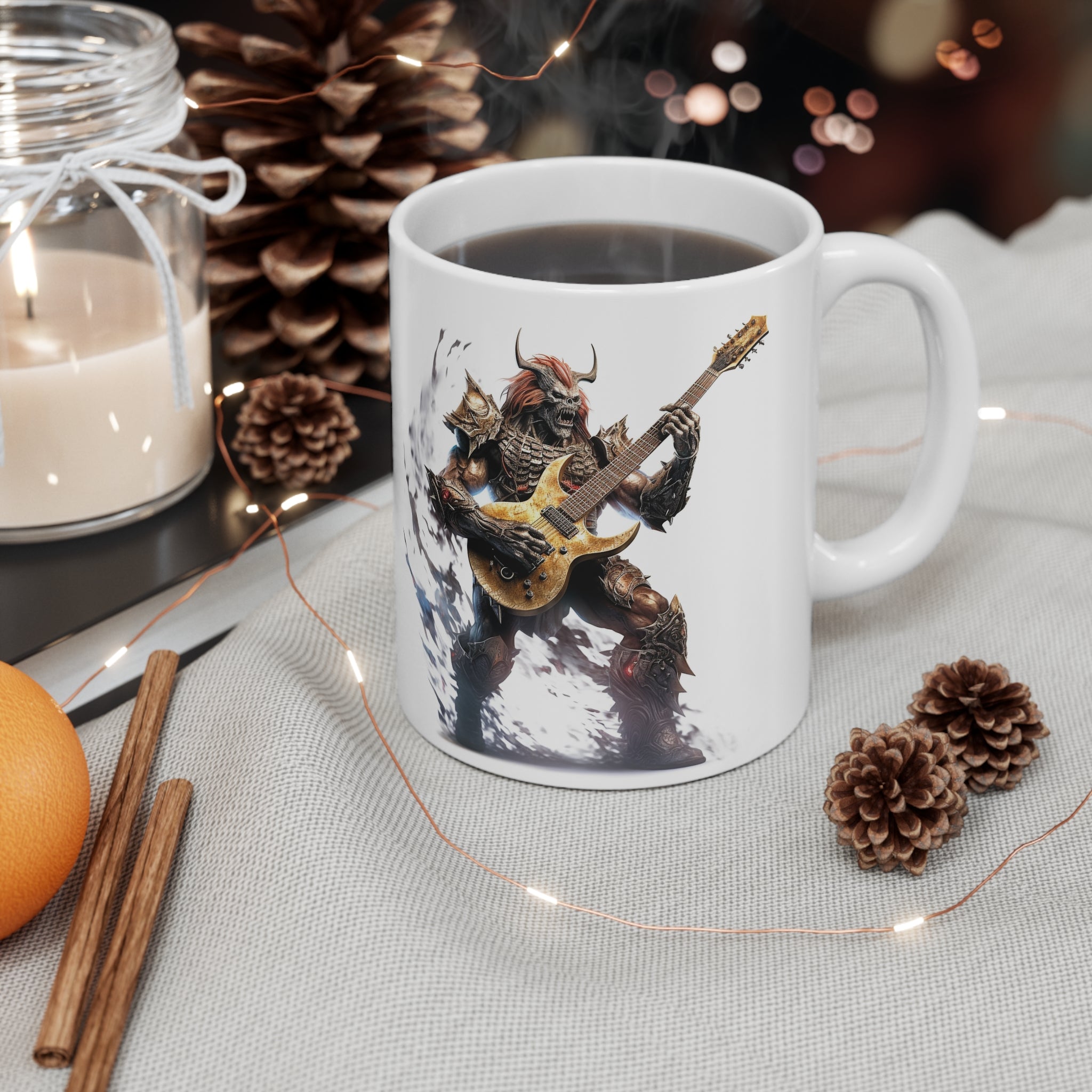 Heavy Metal Guitar Warlord Armor White Coffee Mug